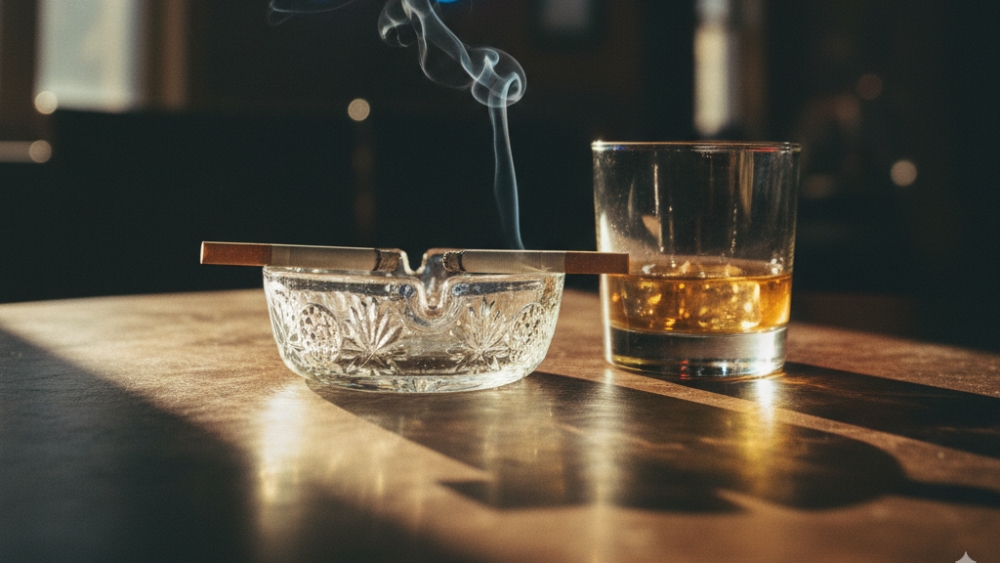 Crystal ashtray with smoking cigarette and whiskey glass showcasing traditional tobacco smoking experience and lifestyle