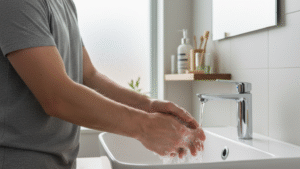 Person washing hands thoroughly in bathroom sink to remove cigarette smell and nicotine residue effectively
