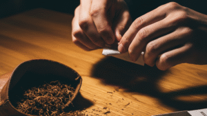 Close-up of hands rolling tobacco with loose tobacco scattered on wooden table and small bowl containing shredded tobacco leaves