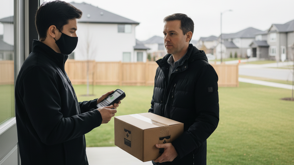 Cigarette delivery driver verifying customer identity with electronic device for legal tobacco purchase compliance in Canada