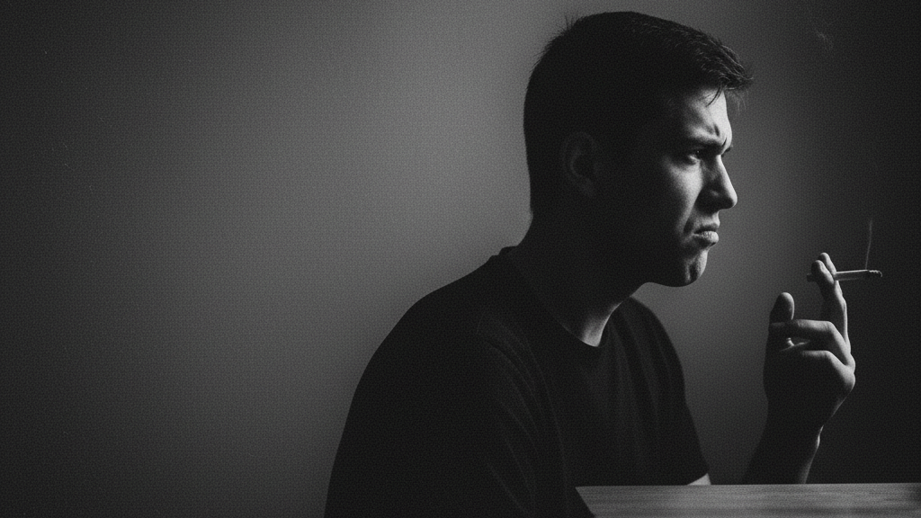 Man smoking cigarette in profile showing contemplative expression when cigarettes suddenly taste bad or bitter