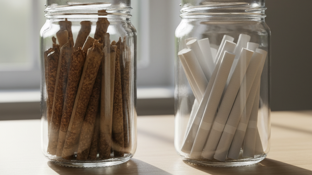 Glass jars comparing brown native cigarettes versus white filtered regular cigarettes highlighting differences in tobacco processing methods.