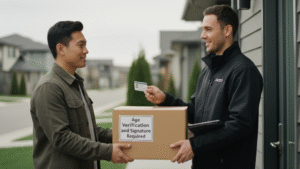 Delivery person checking ID for age verification while delivering cigarettes package requiring signature in Canada