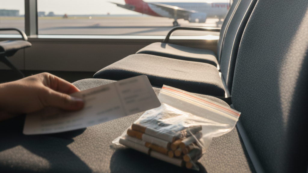 Traveler at Canadian airport gate holding transparent bag with cigarettes following proper declaration and carry-on travel procedures