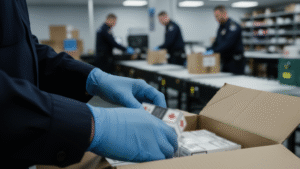 Canadian customs officers inspecting cigarette packages at border facility enforcing tobacco import regulations and duties