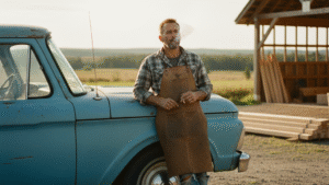 Traditional Canadian cigarette smoker in work clothes standing beside vintage truck in rural setting